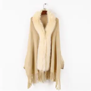 Mulheres Imitação-Xaile de Caxemira Lenço Senhora Elegante Faux Fur Collar Capes Tassel Wraps Longo Quente Wraps Manto Poncho com Manga