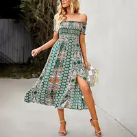 Hot Koop Off-Shoulder Bohemian Maxi Shirring Zelfs Jurk Voor Thailand Zomer Dames Boho Kleding Vrouwen Bloemen Maxi Bohemian jurk