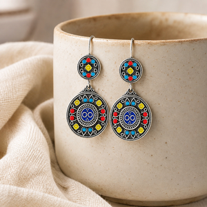 Orecchini vintage multicolori dipinti a mano blu-verdi, gioielli etnici da donna alla moda - Product Image 6