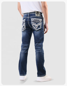 IN STOCK fashion Men’s Heavy Stitch <b>jeans</b> <b>Embroidered</b> Mid Waist Whisker effect Straight Leg <b>jeans</b> for men - Product Image 3