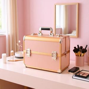 Trousse de maquillage portable Qihui rose gold en ABS avec serrure pour outils cosmétiques, usage domestique, été 2024 - Product Image 3
