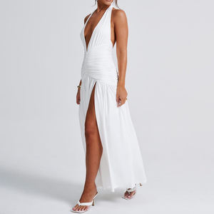 Vestido de Festa de Verão de Luxo para Mulheres Elegante Slim Plissado Ombro a Ombro Decote V Costas Nuas Fenda Sensual Novo Elegante Longo até o Chão - Product Image 3