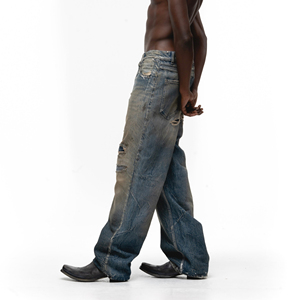 OEM <strong>Mens</strong> High Level <strong>Jeans</strong> 5-Pocket Style Button Fly Sun-Fade Dirty Wash Repaired <strong>Workers</strong> <strong>Jeans</strong> denim wholesale - Product Image 4
