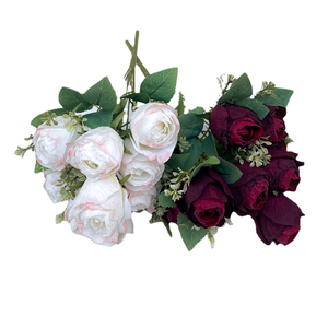 LFH Bouquet de boutons de roses torréfiés à 9 têtes de haute qualité pour la décoration de la maison, fleurs, atmosphère d'hôtel paysage soie - Product Image 3