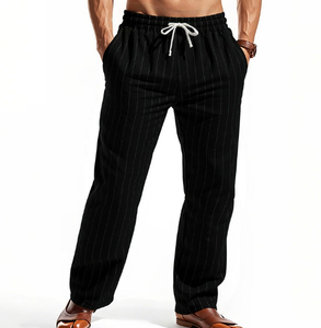 Pantalons d'été en lin, pantalons de plage, cordon de serrage, rayures verticales, pantalon décontracté respirant à tube droit, pantalon pour homme - Product Image 5