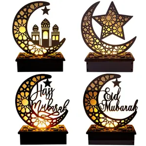 EID Mubarak-Colgante de madera para decoración del Ramadán, letras huecas con luces LED, para fiesta musulmana Islámica