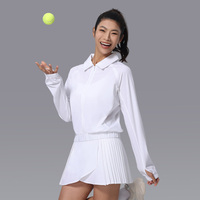 Pakaian Olahraga Tenis Wanita Berkualitas Tinggi Logo Kustom Polos Rok Lipit dan Atasan Lengan Panjang Set Tenis 2 Potong