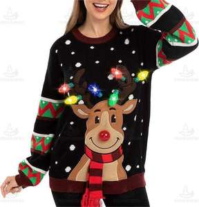 Christmas <strong>Xmas</strong> <strong>Jumper</strong> Factory Custom Women Adult Jacquard Deer Music Ugly Christmas Sweater <strong>Jumper</strong> With Led Lights - Product Image 1