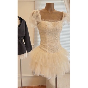 Nuevo Vestido de Fiesta, Ajustado, Corto, 100% Poliéster, con Mangas con Volantes, Bordado de Organza, para Vestido de Encaje con Flores, Capa de Malla - Product Image 1