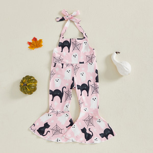 Halloween Halter Trẻ Em Cô Gái Rompers Trẻ Em Bí Ngô In Quần Áo Toddler Chuông Dưới Toddler Kid Bé Cô Gái Jumpsuit - Product Image 4