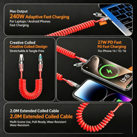 Kabel Pengisi Daya Mobil 240W 4-in-1 Retractable Spring Super Fast Charge Carplay Data Cord USB-A Type-C L untuk iPhone Android