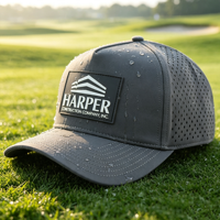 Casquette de baseball HS41 de haute qualité, imperméable, à 5 panneaux, perforée au laser, avec patch en caoutchouc PVC personnalisé, séchage rapide, pour sports de plein air