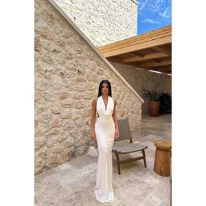 Robe longue en satin blanc dos nu Pamella pour femme, taille XL, coupe Empire, col montant, ligne A, longueur ras du sol, idéale pour les soirées et les cérémonies - Product Image 2