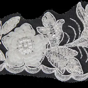 Customized High-end Pure White Embroidery With Lace Trim With Beads And Sequins