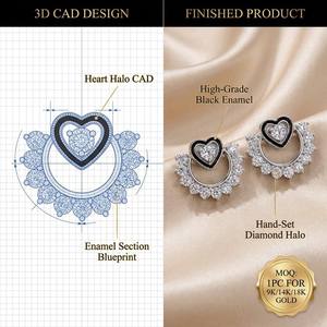 Impresionantes Pendientes de Corazón de Oro Sólido de 9K/14K/18K con Esmalte Negro y Halo de Diamantes para Regalo, Joyería de San Valentín - Product Image 2