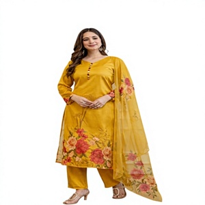 Women's Yellow Floral Printed <b>Kurta</b> Set With Dupatta Casual Wear Traditional <b>Indian</b> Pakistani Style Ankle-Length Polyester Dress - Product Image 1