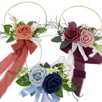 Set Karangan Bunga Buatan Warna Biru Debu dengan Mawar dan Cincin Emas untuk Dekorasi Kursi Pernikahan & Pengiring Pengantin