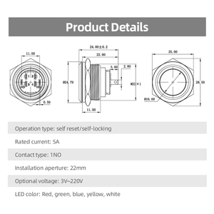 Nút nhấn bằng thép không gỉ 22mm chống nước IP67 tự khó<span class=keywords><strong>a</strong></span> 5A 1NO kết hợp với đèn trắng - Product Image 5