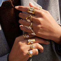 Bague Solitaire Ouverte en Acier Inoxydable Plaqué Or 18K, Lignes Minimalistes Modernes, Double Couche Creuse Géométrique, Grand Zircon