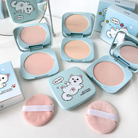 NOUVEAU 2026 Poudre fixante mate compacte avec miroir et houppette, Poudre pressée pour le visage, Design chat mignon, Bleu clair, Étui de maquillage portable
