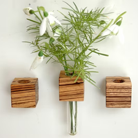 Vase à fleurs en bois cube avec ventouses, vase à fleurs en bois à tige unique, vase en tube de verre à tige unique, décoration de jardin et de bureau