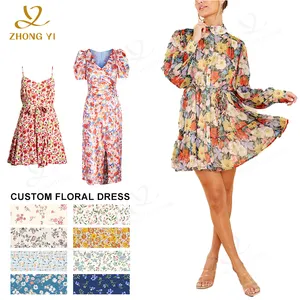 Vestido de fiesta con estampado floral Fabricante de ropa personalizada para mujer cuello simulado botones en la parte delantera y un minivestido de fiesta con lazo en la cintura trenzada