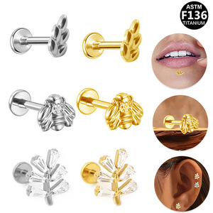 Titanium Plated Wheat Ear Lip <b>Stud</b> <b>Cartilage</b> Piercing Jewelry For Ear Bone Nose With Crystal Prong Setting Unisex Fashion - Product Image 1