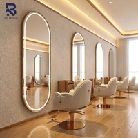 Miroir de salon de coiffure intelligent à LED avec cadre doré en forme de D, miroir rétroéclairé professionnel, mobilier de salon de coiffure, miroir de vanité pleine longueur