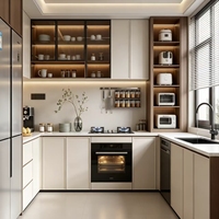 Cuisine moderne à deux tons, armoire de cuisine en forme de U sur mesure, unité de cuisine complète avec étagère ouverte LED, tiroir à épices coulissant pour la rénovation de la maison