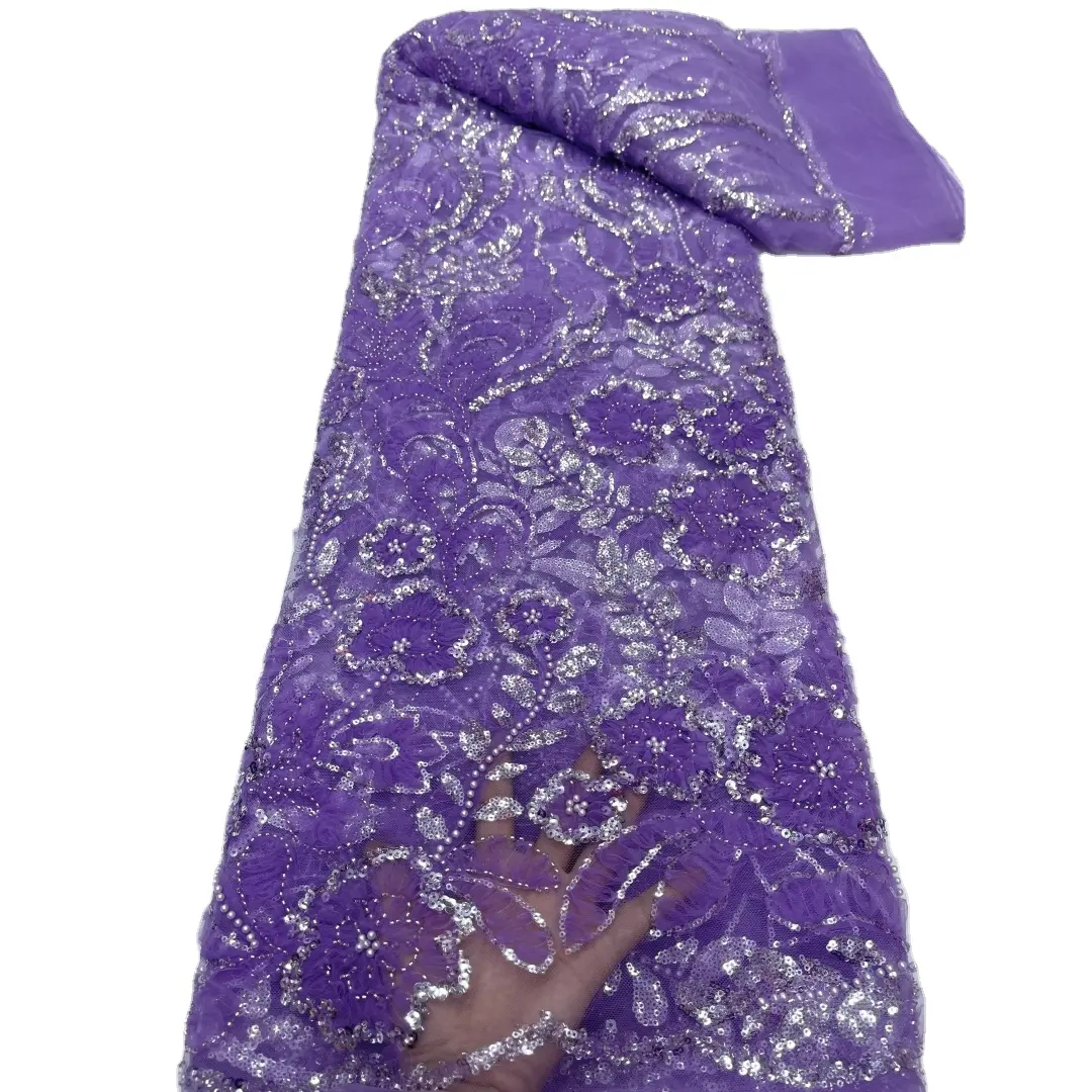 Harga pabrik gaun kain renda jala Tule Prancis kelas atas manik-manik bordir mewah dan gaun kain renda payet untuk pernikahan