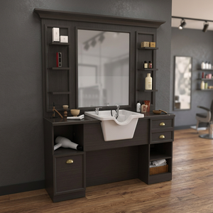 Espejo de Salón Comercial Moderno y Versátil, Lavabo para Lavado de Cabello, Estación de Belleza/Barbería de Madera Negra y Gris para Exteriores, Almacén o Centro Comercial - Product Image 3