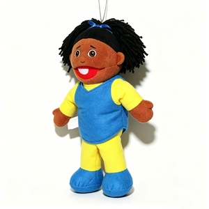 Marionnette à main en peluche personnalisée, fille à peau foncée, corps entier, bouche mobile, dreadlocks, cheveux bleus, nœud, accessoires d'anniversaire, doublure en maille - Product Image 5