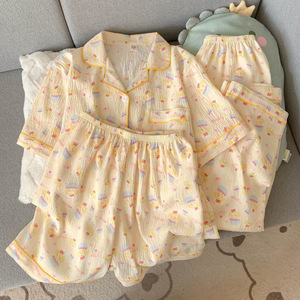 Nuovo <span class=keywords><strong>pigiama</strong></span> estivo di cotone per le donne dolce cartone animato pantaloncini a <span class=keywords><strong>maniche</strong></span> <span class=keywords><strong>corte</strong></span> <span class=keywords><strong>pantaloni</strong></span> <span class=keywords><strong>lunghi</strong></span> tre pezzi per la casa abbigliamento da donna capispalla - Product Image 6