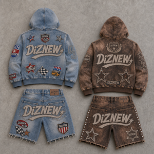 Ensemble denim vintage Y2K DiZNEW avec broderies épaisses, veste à capuche et short déchiré, <span class=keywords><strong>tenue</strong></span> en deux pièces pour <span class=keywords><strong>homme</strong></span>, style streetwear, effet délavé - Product Image 2