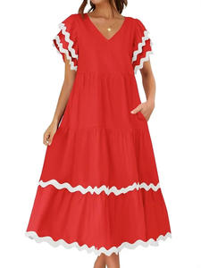 2025 été bohème élégant femmes robe courte avec sans manches plié épissé dentelle frais et Sexy robe femmes robe de mode - Product Image 4