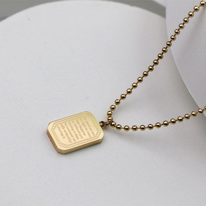 Stainless Steel Beaded Chain Square Tag Necklace Gold Color Geometric Pendant Fashion Accessory - Product Image 3