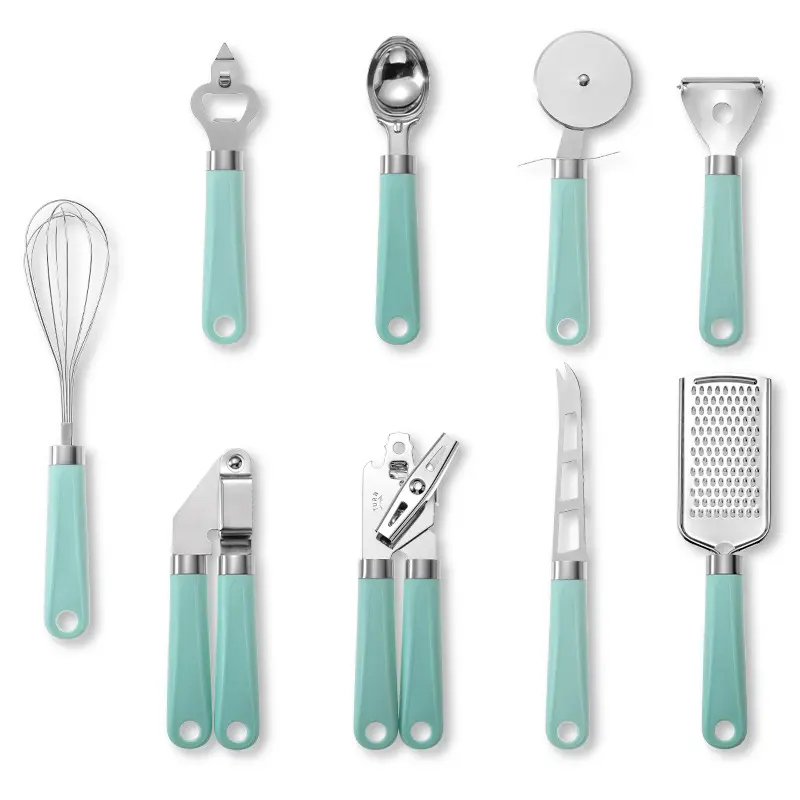 Creative Plastic Handle Stainless Steel Kitchen Utensils Household Gadget Set 9-piece Kitchenware Set Whisk