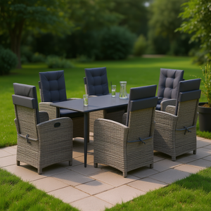 Set da pranzo da giardino 6 posti in rattan con cuscini, elegante combinazione di colori nero e grigio per esterni - Product Image 2