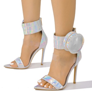 Sandalias de tacón alto con correa de PVC para mujer, con bolsillos laterales, cremallera trasera, punta en punta, estilo patchwork, de mezclilla. - Product Image 6