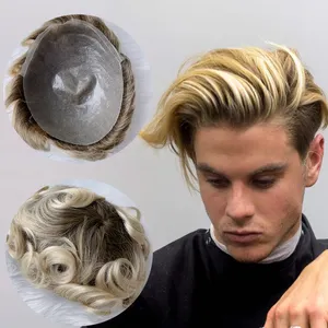 Pas cher 8x10 Pouces V Boucle Brésilienne Mince Peau Pu Base 4/613 Brun Foncé Racine Avec Cendre Blonde Vague Système de Cheveux Humains Toupet pour Hommes