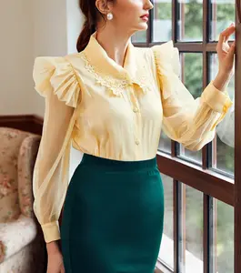 Custom Spring Fall Solid Ruffle Detail Button Front <strong>Peter</strong> <strong>Pan</strong> <strong>Collar</strong> <strong>Blouse</strong> Women Elegant High Quality <strong>Blouse</strong> - Product Image 1