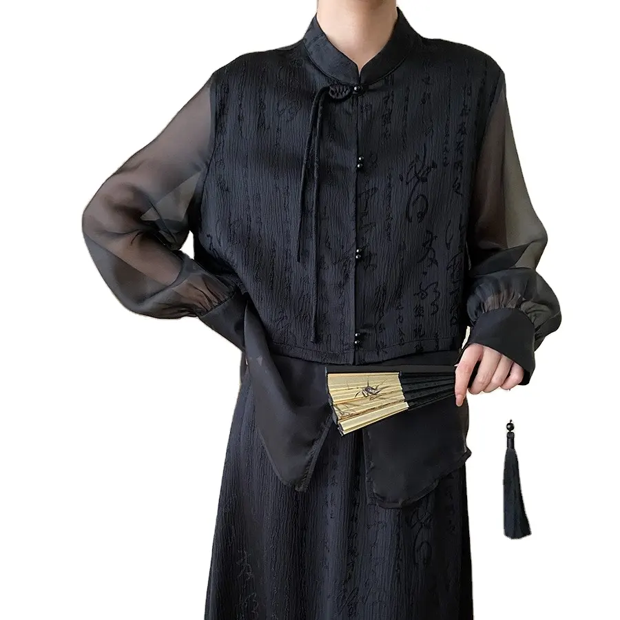 Neo Chinese Style Writing Texture Silk Satin Women Blouse with Knot Button