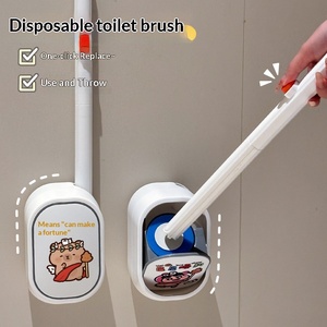Cepillo de inodoro de esponja de dibujos animados, bonito, no pegajoso, montado en la pared, con estropajo y mango, desechable, para limpieza de baño sin rincones muertos - Product Image 1