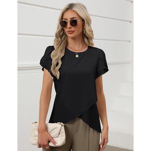 Womens Chiffon Blouse Flutter Sleeve <b>Asymmetric</b> <b>Top</b> Work Casual Summer Shirt - Product Image 3