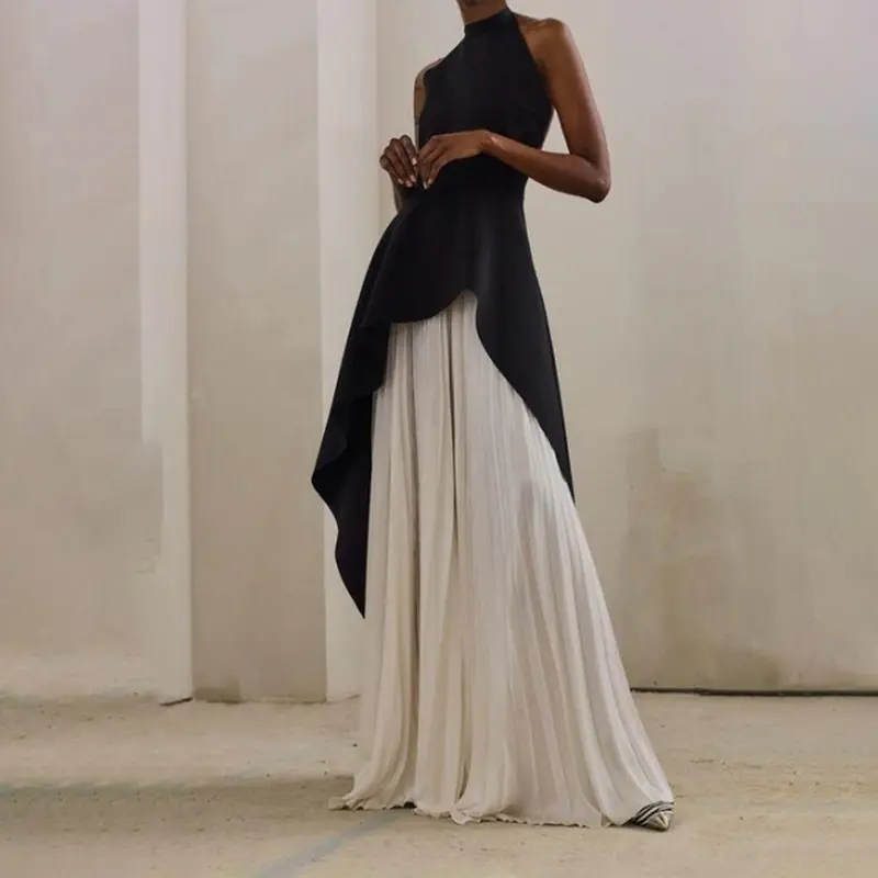 Y2K Fashion 2023 Elegant Women Black White Evening Vestido sexy backless Top Pleated Skirt Asymmetrical Maxi Wedding Dress