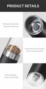 Gravity Electric Pepper and Salt <b>Grinder</b> Set of 2 ,Rechargeable, Refillable, Adjustable Coarseness, With LED Light, One Hand - Product Image 6
