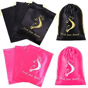 Pochette en satin à cordon de serrage pour perruques et lingerie, sacs de rangement anti-poussière en soie satinée, personnalisation - Product Image 1