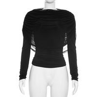 T-shirt élégant à col rond, transparent, sexy, décontracté, streetwear, haut à manches courtes en maille plissée pour femmes