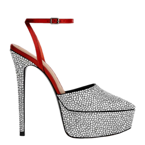 Sandales à plateforme épaisse pour femme, taille 45, avec diamants argentés brillants, coupe large, talons hauts fins, bride de cheville rouge et talon découpé - Product Image 6