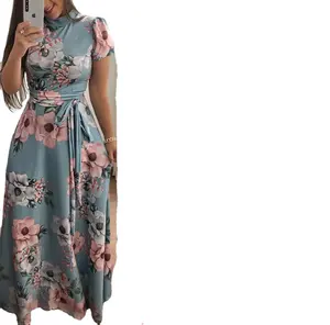 2021 מקרית פרח הדפסת עניבה קצר שרוול ארוך חצאית נשים שמלה